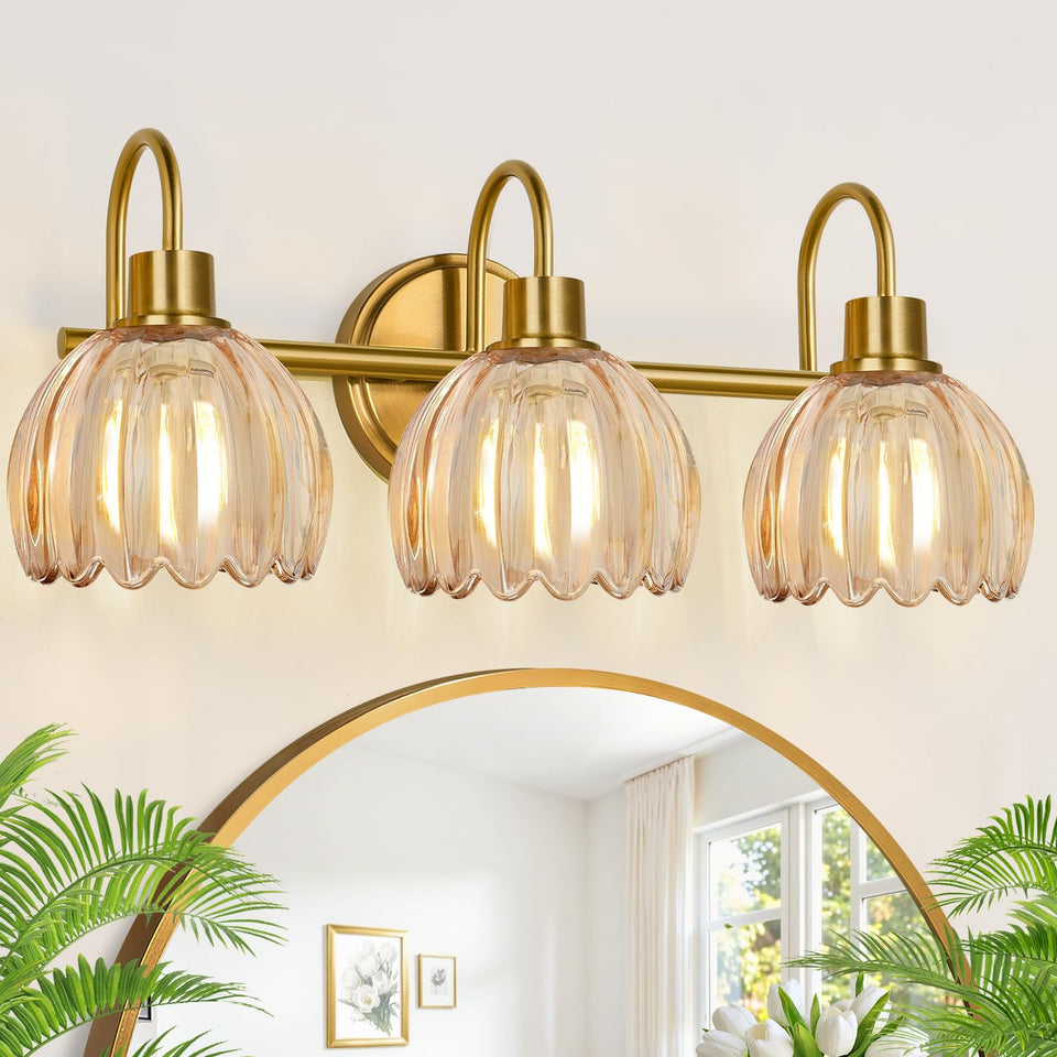 Meybiok 3-light vanity with brushed gold finish and amber tulip shade for refined illumination
