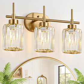 Meybiok modern crystal bathroom light with three-brushed-gold beams for a luxe focal point