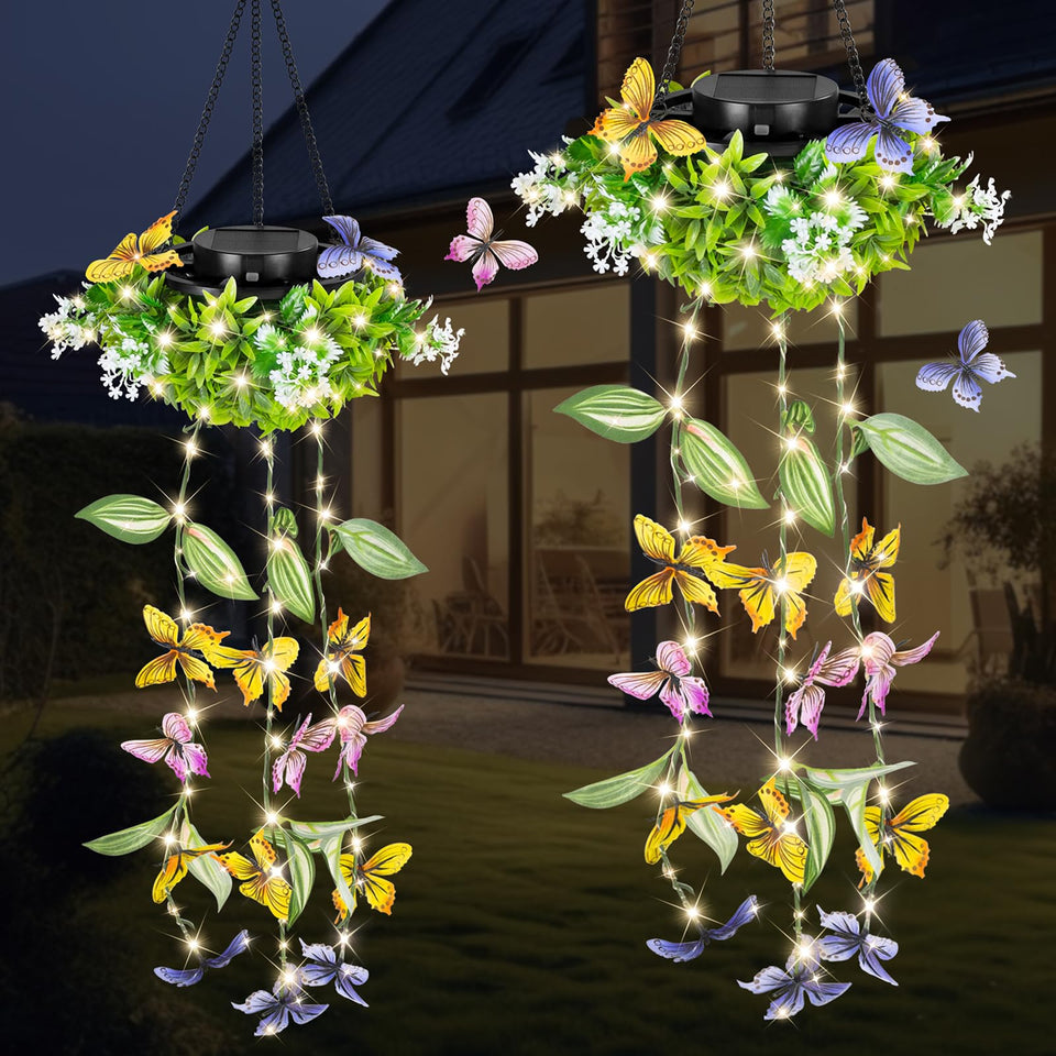 MEYCEMT Colorful Solar Butterfly Lights 2-pack brighten outdoor evenings with fluttering butterflies.