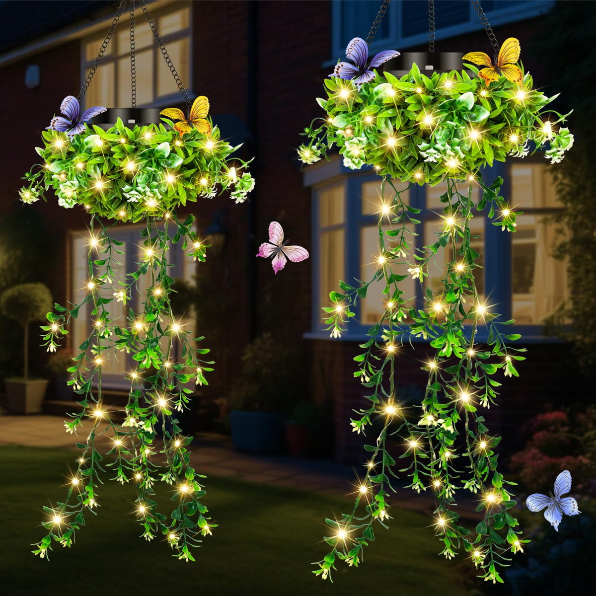 MEYCEMT solar hanging garden lights 2-pack create elegant outdoor ambiance.