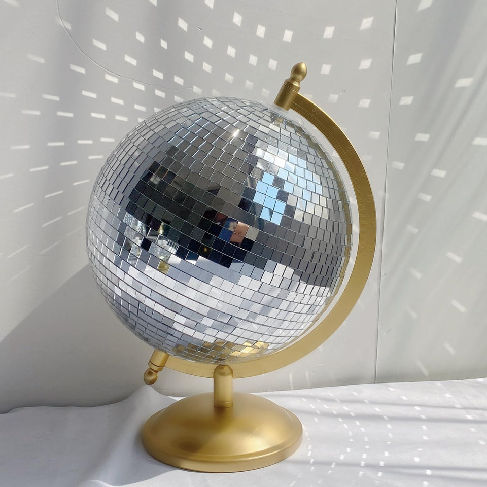 MFGDISCO disco ball globe with gold base 6 inch reflects light for stylish ambiance.