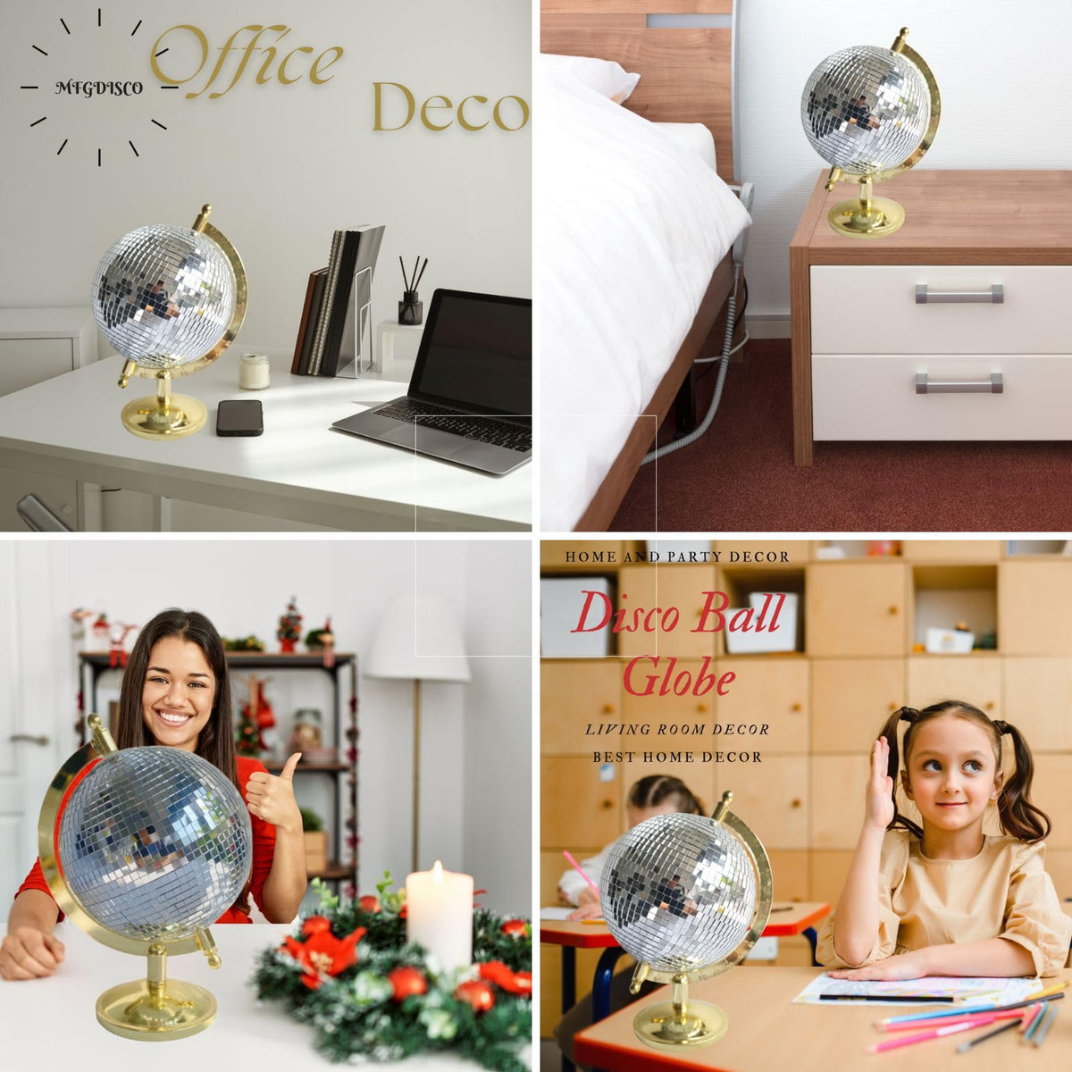 MFGDISCO disco ball globe gold finish reflection enhances living room decor.