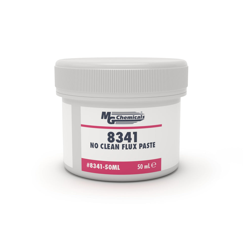 MG Chemicals 8341 flux paste jar for lead-free soldering with no-clean, non-conductive residue.