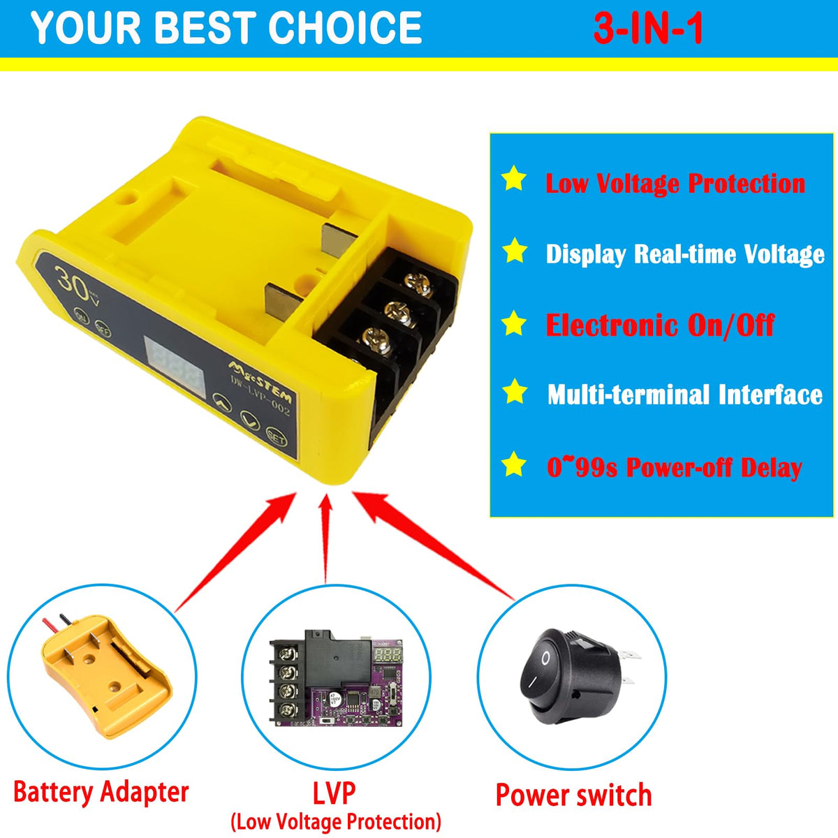 MgcSTEM voltage display LED shows real-time battery status for Dewalt compatibility.