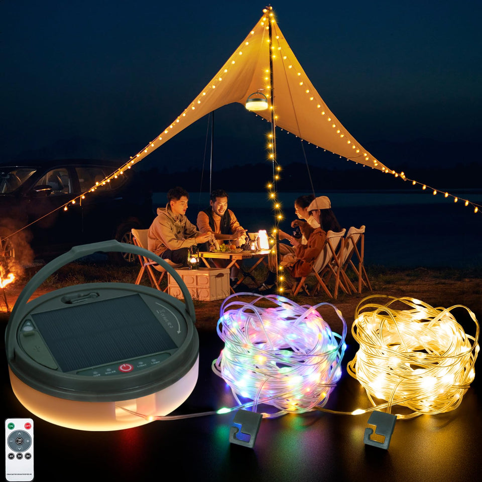 MGYIF solar camping string lights, 130 LEDs, 33 ft, extended outdoor ambient glow.