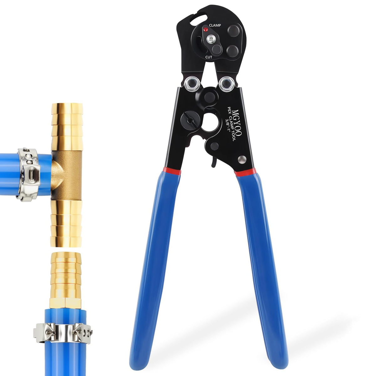MGYOO PEX crimping tool front view shows a durable build for leak-free connections.