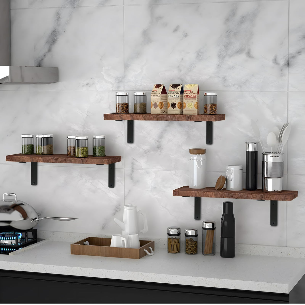 MHMYDZ brackets support a shelf in a garage or workspace.