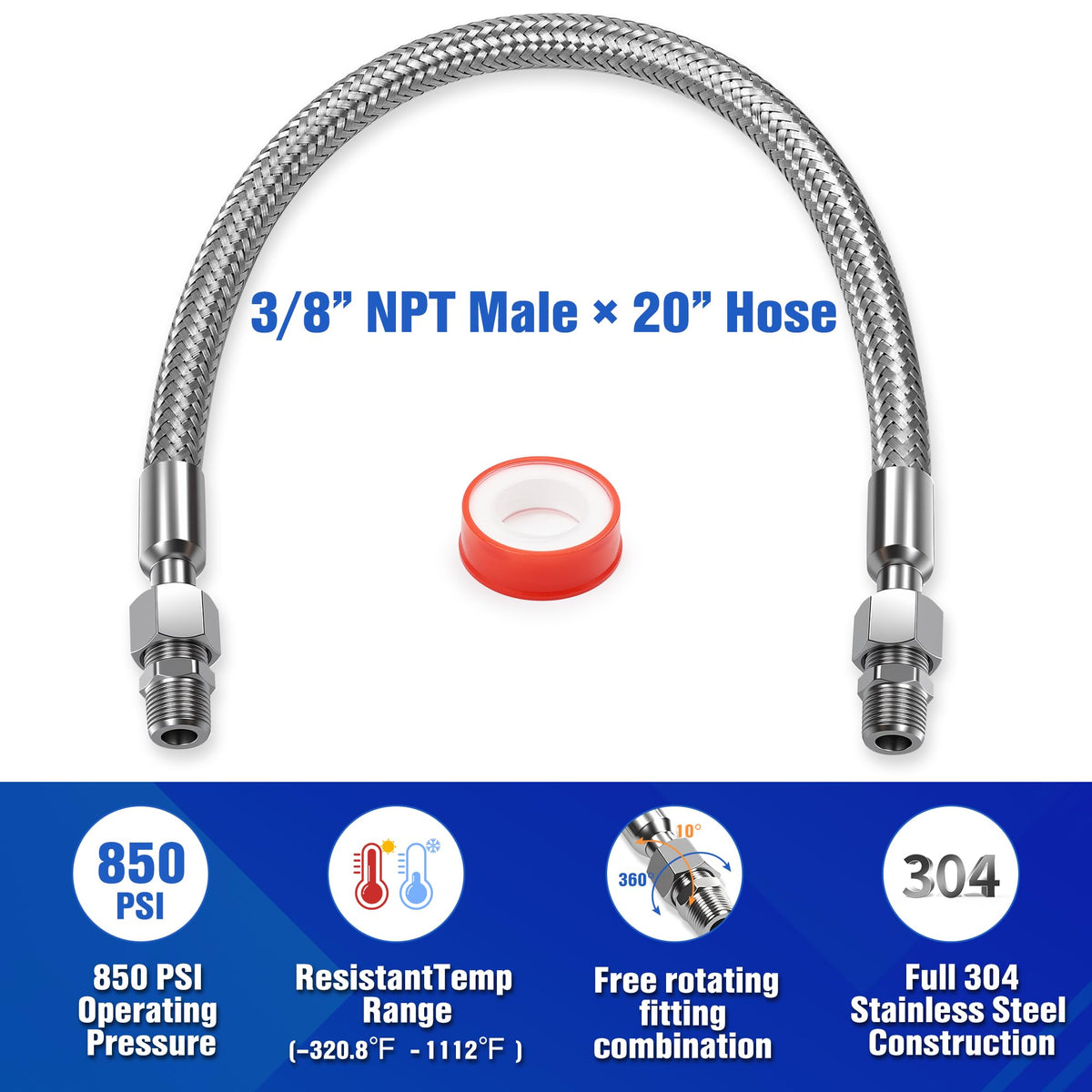 MHWTSS jumper hose 20-inch length offers flexible routing between pump and tank.