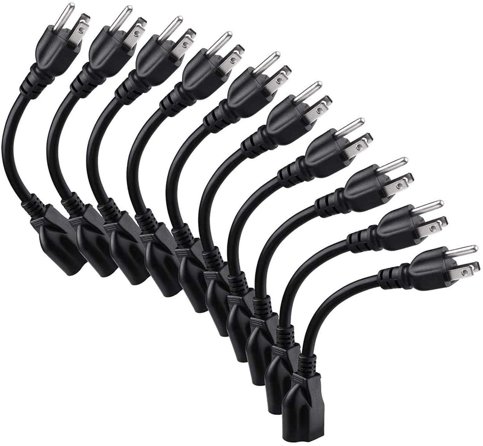 Miady short power extension cord outlet saver in use at a cluttered desk showing space saving benefits