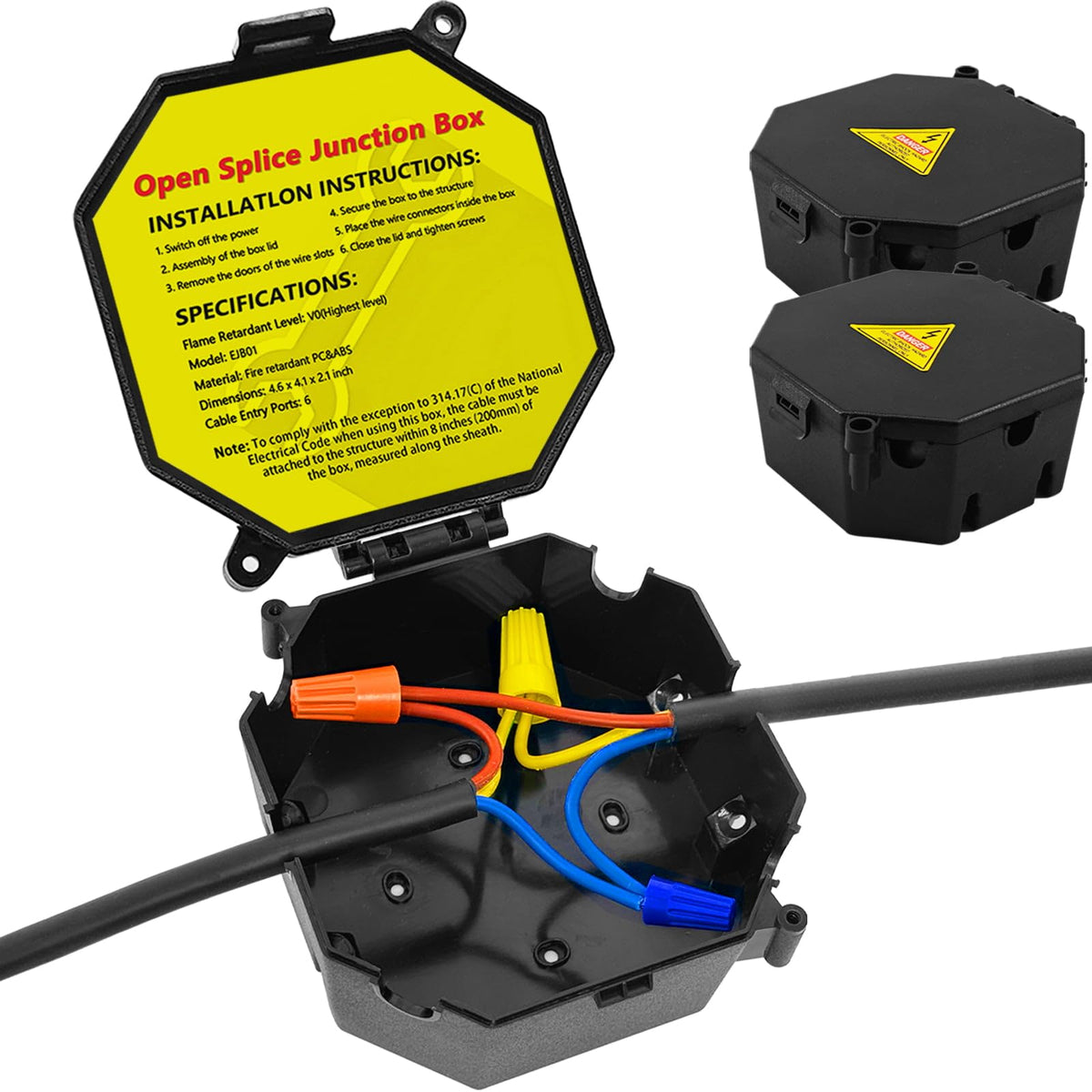 MIARALA black open-splice box front view highlighting six-slot capacity for organized wiring