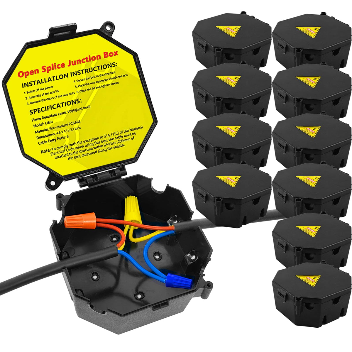 MIARALA black open splice junction box for easy wiring in tight spaces.