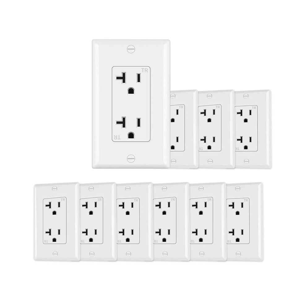 Micmi 20A decorator receptacle front view for clean, flush installation.