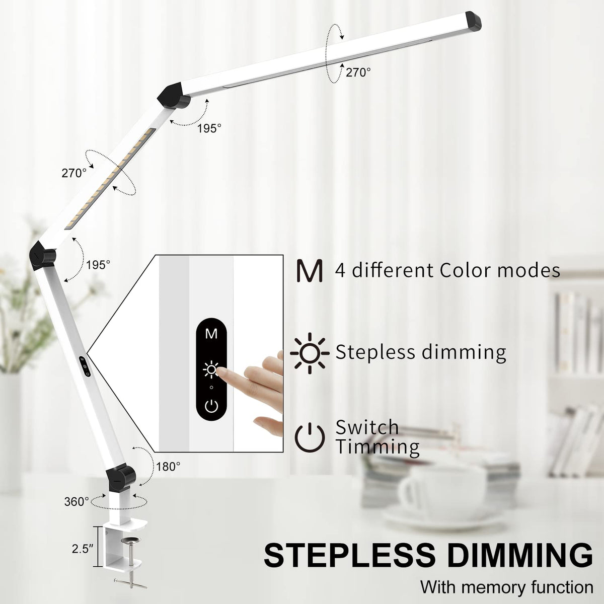 Extra-wide clamp from Micomlan keeps the lamp stable on thick desks.