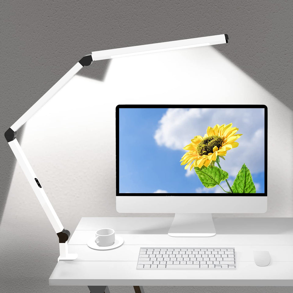 Micomlan LED desk lamp with dual light source for even desk illumination.