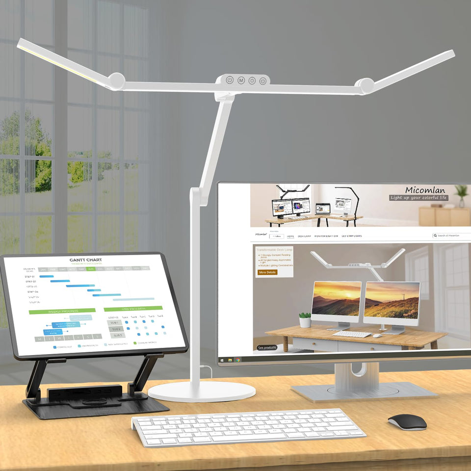 Micomlan LED desk lamp in a full office setup with versatile lighting for work