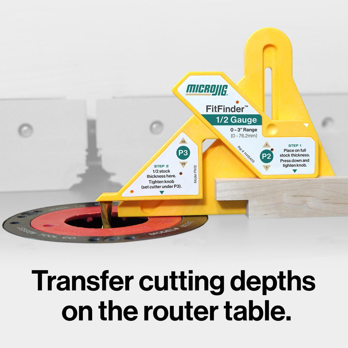 Microjig FitFinder bandsaw use simplifies center measurement for joints.