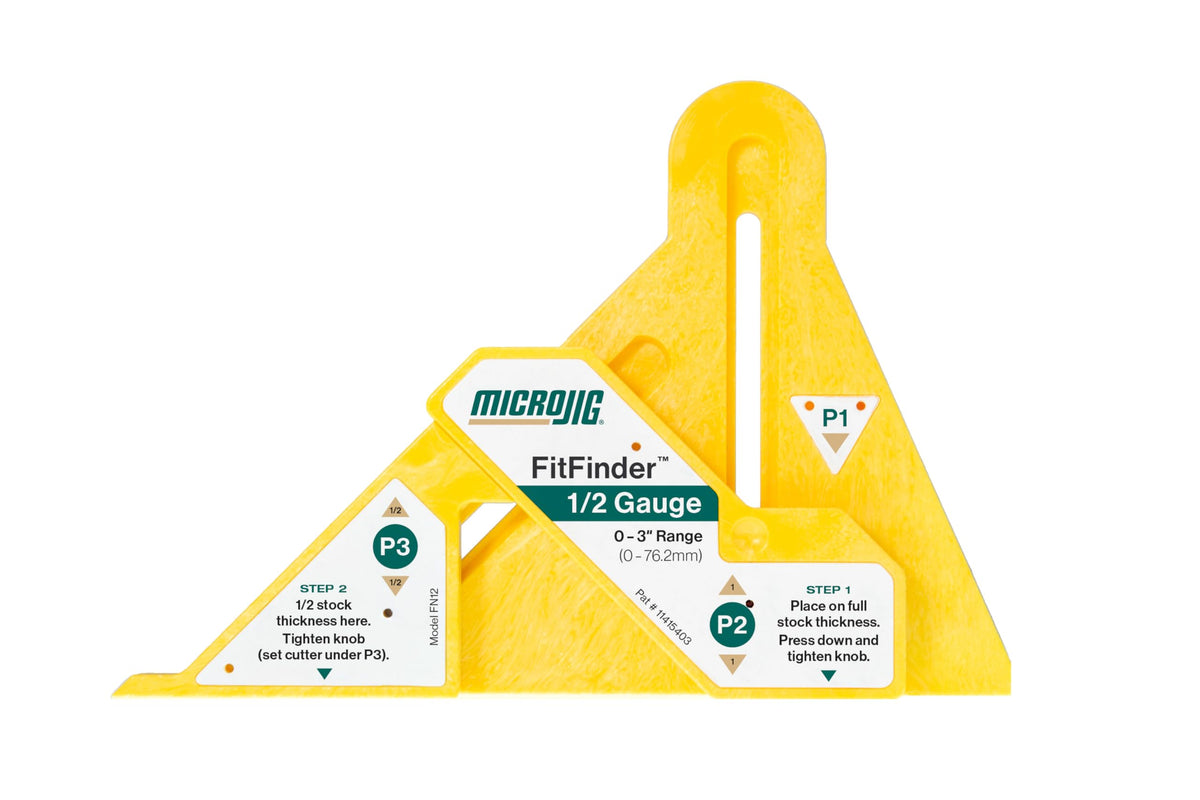 Microjig FitFinder half center point locates material center quickly for precise joints.