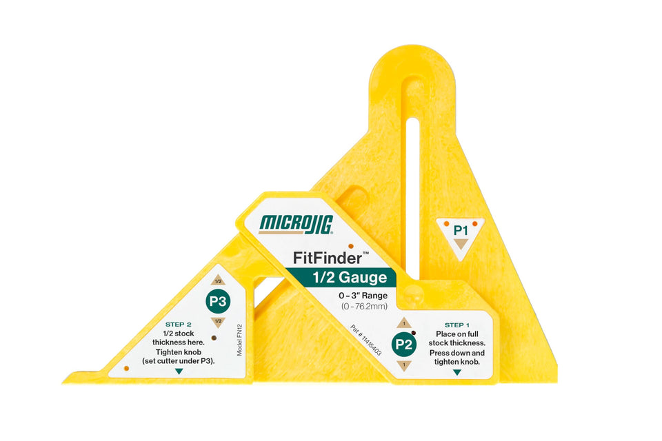 Microjig FitFinder half center point locates material center quickly for precise joints.