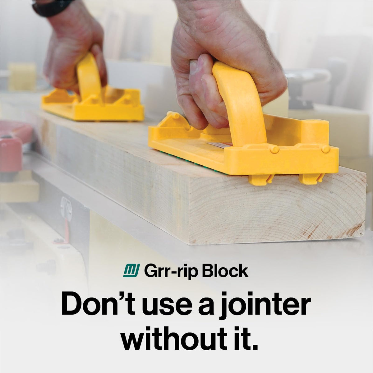 Microjig GRR-RIP Block showing smart heel hooks auto-retracting for safer end cuts