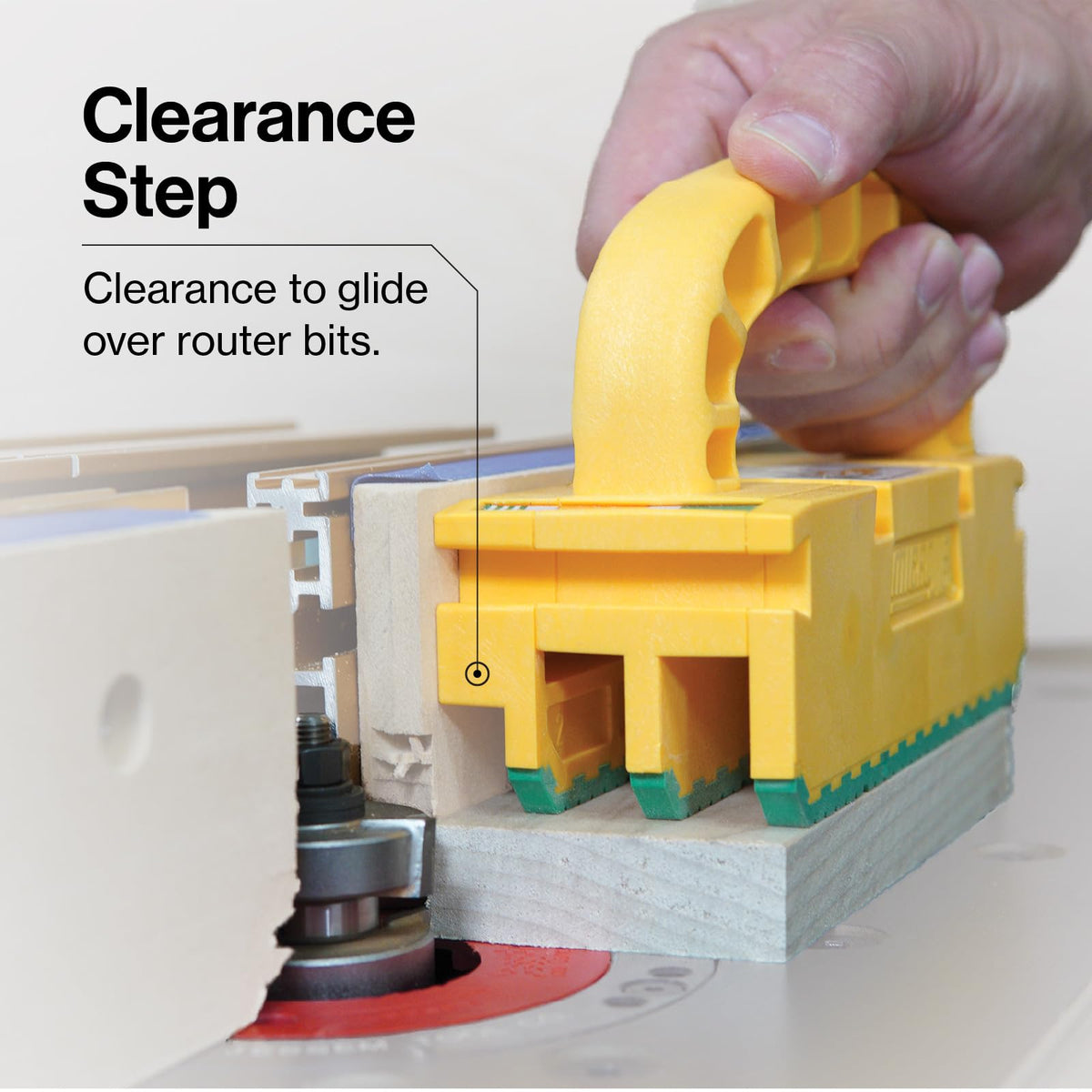 MICROJIG GRR-RIPPER 2GO clearance step visible, gliding over router bits