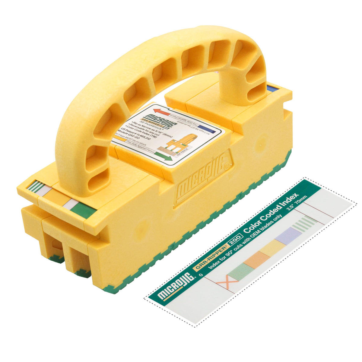 MICROJIG GRR-RIPPER 2GO push block front view showing secure grip for precise feeding