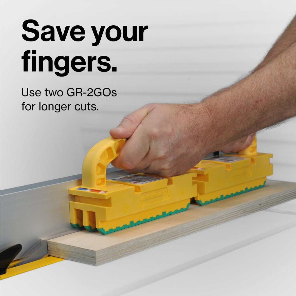 MICROJIG GRR-RIPPER 2GO in use on table saw, hands clear, stock tight