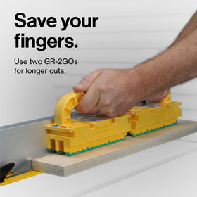 MICROJIG GRR-RIPPER 2GO in use on table saw, hands clear, stock tight
