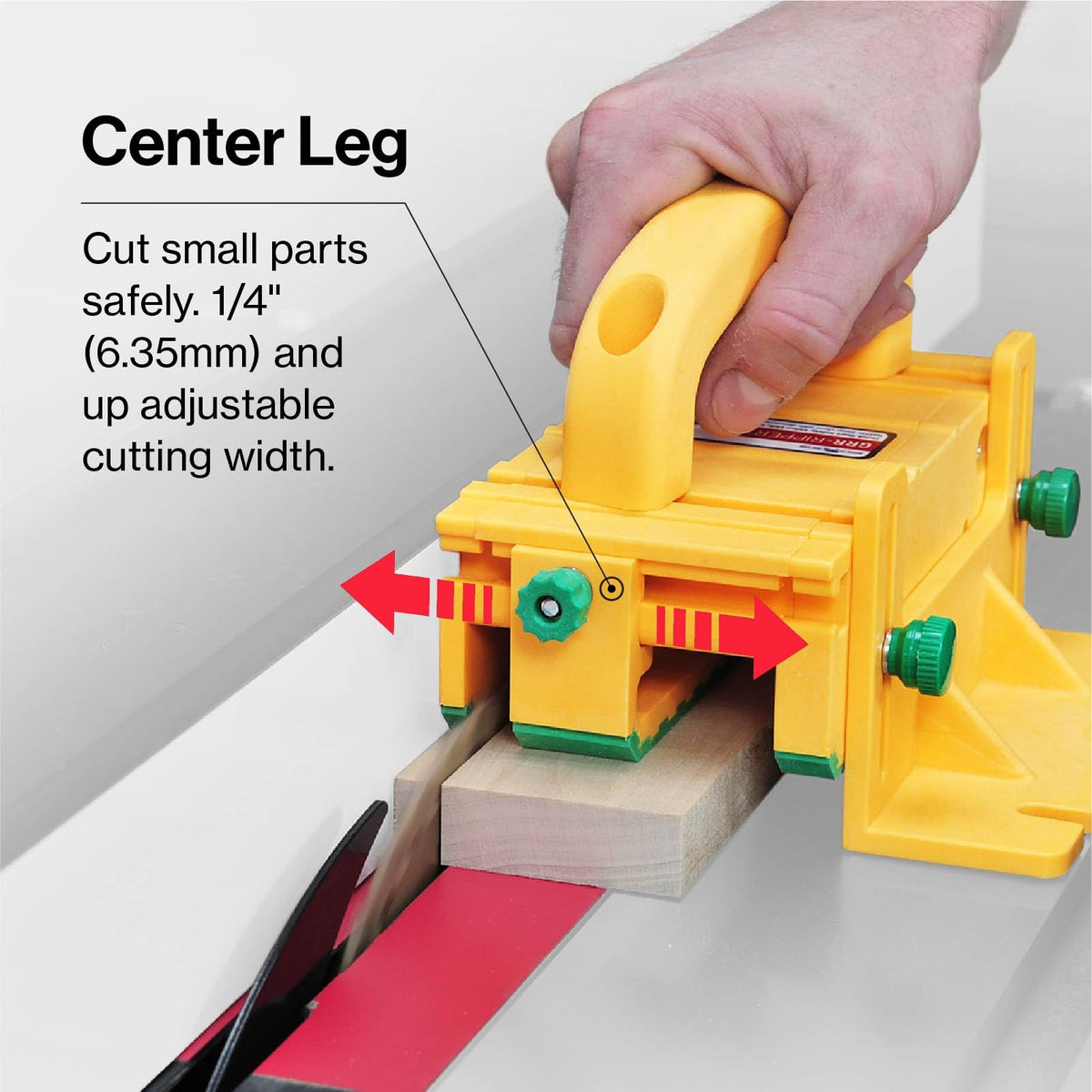 Center leg adjustable to fit different stock sizes and widths.