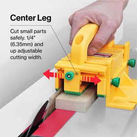 Center leg adjustable to fit different stock sizes and widths.