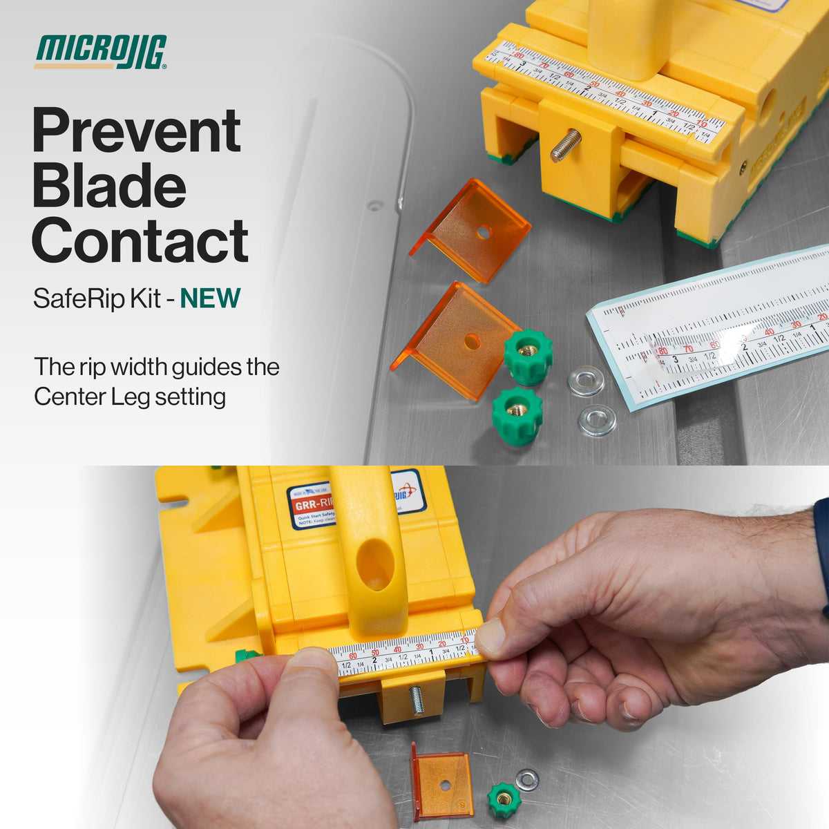 MICROJIG GRR-RIPPER+ adjustable center-leg adapts to varying material widths.