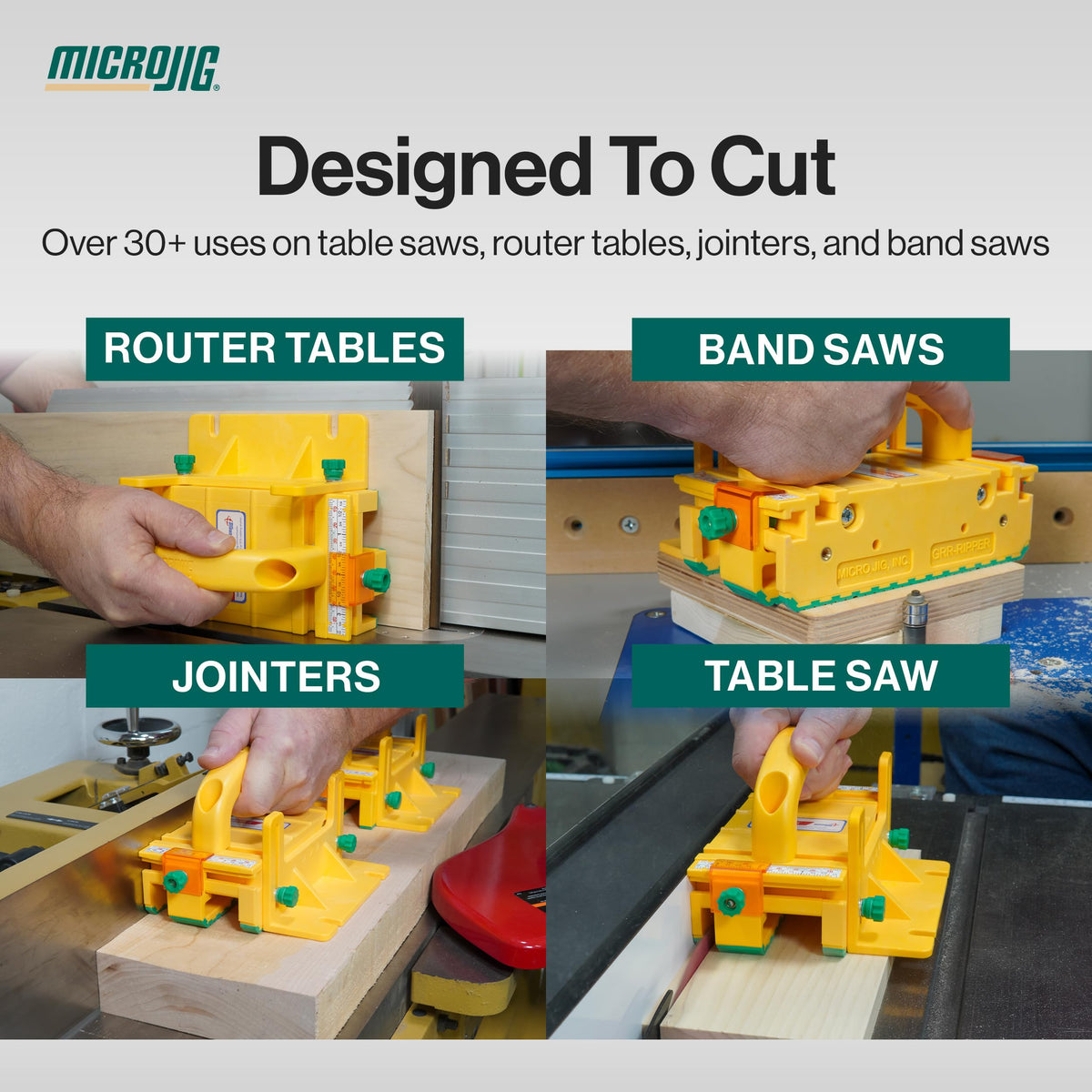 MICROJIG GRR-RIPPER+ in-use on table saw shows enhanced control and kickback prevention.