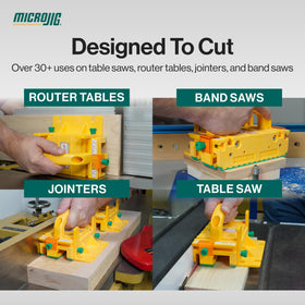 MICROJIG GRR-RIPPER+ in-use on table saw shows enhanced control and kickback prevention.
