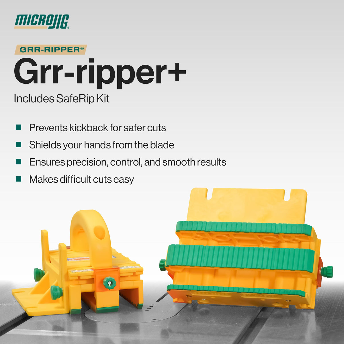 MICROJIG GRR-RIPPER+ three-legs control system for stable guiding and reduced kickback.