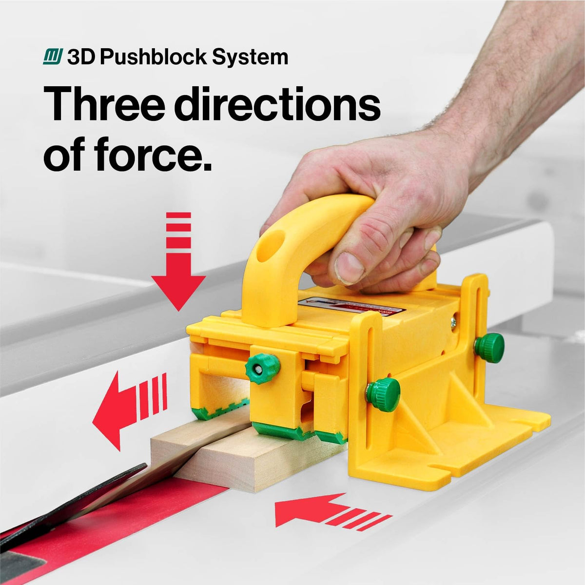GRR-RIPPER shows three-direction hold for kickback control during table saw work.