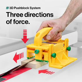 GRR-RIPPER shows three-direction hold for kickback control during table saw work.