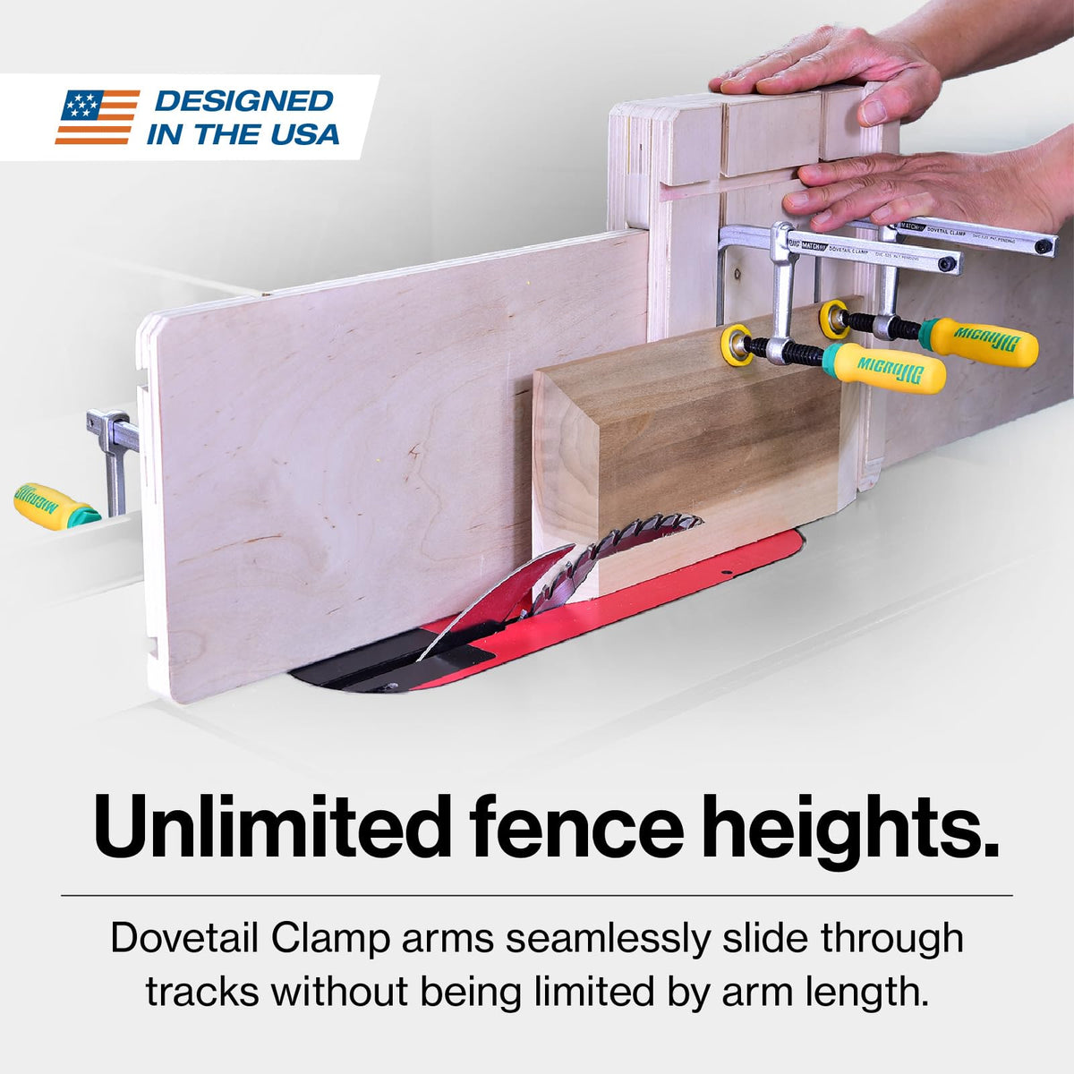 MICROJIG MatchFit clamps aligned in a routed groove for secure cutting and sanding
