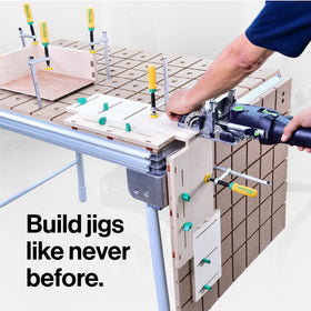 MICROJIG MatchFit Dovetail Clamps on a workbench turning any surface into a clamping station