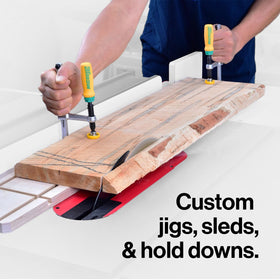 MICROJIG MatchFit clamps used to build stops, fences, and hold-downs for precise holding