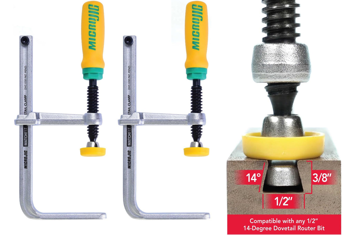 MICROJIG MatchFit Dovetail Clamps in a track-system setup for flexible, on-demand holding