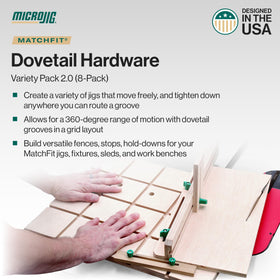 MICROJIG Matchfit 15in track screws with wing knobs extend reach for thick stock clamping.