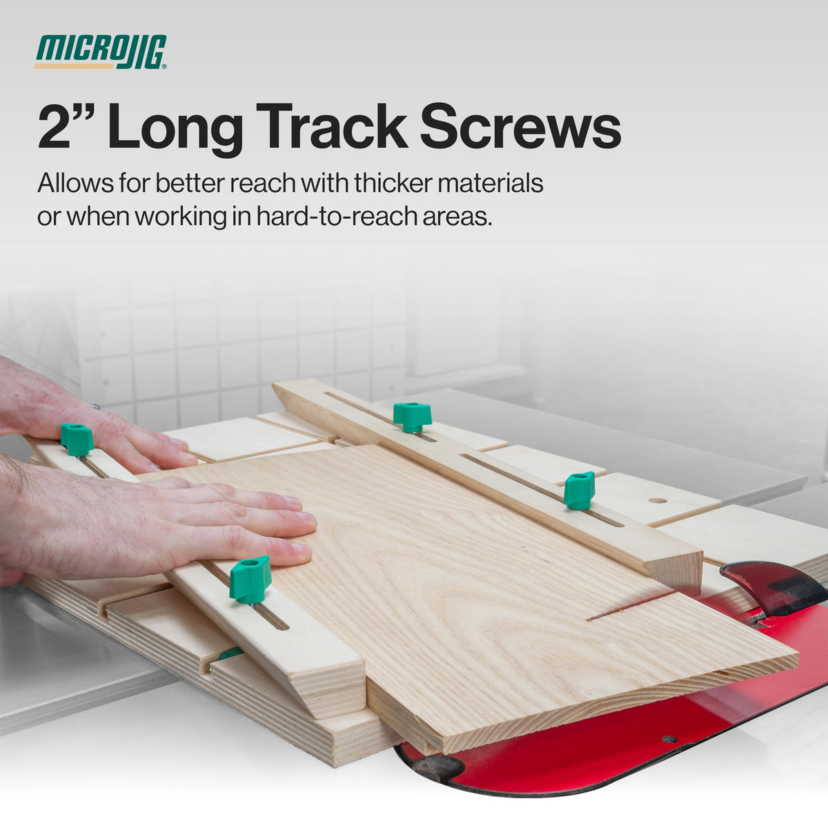 MICROJIG Matchfit 1in track screws with round knobs enable quick hold-downs in tight spaces.