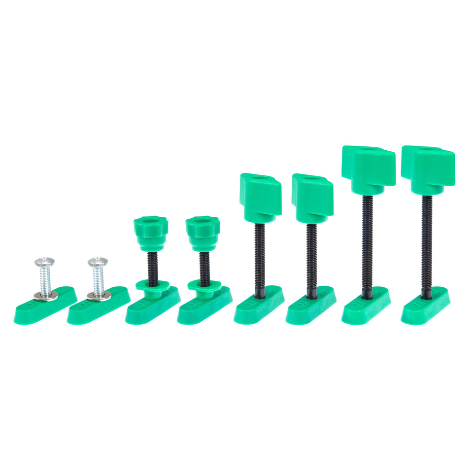 MICROJIG Matchfit 2in track screws with wing knobs for thick stock clamping.