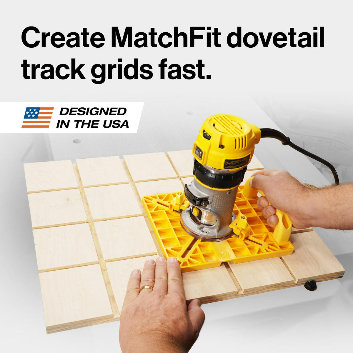 Self-indexing base aligns 4-inch grooves for repeatable dovetail tracks with MICROJIG