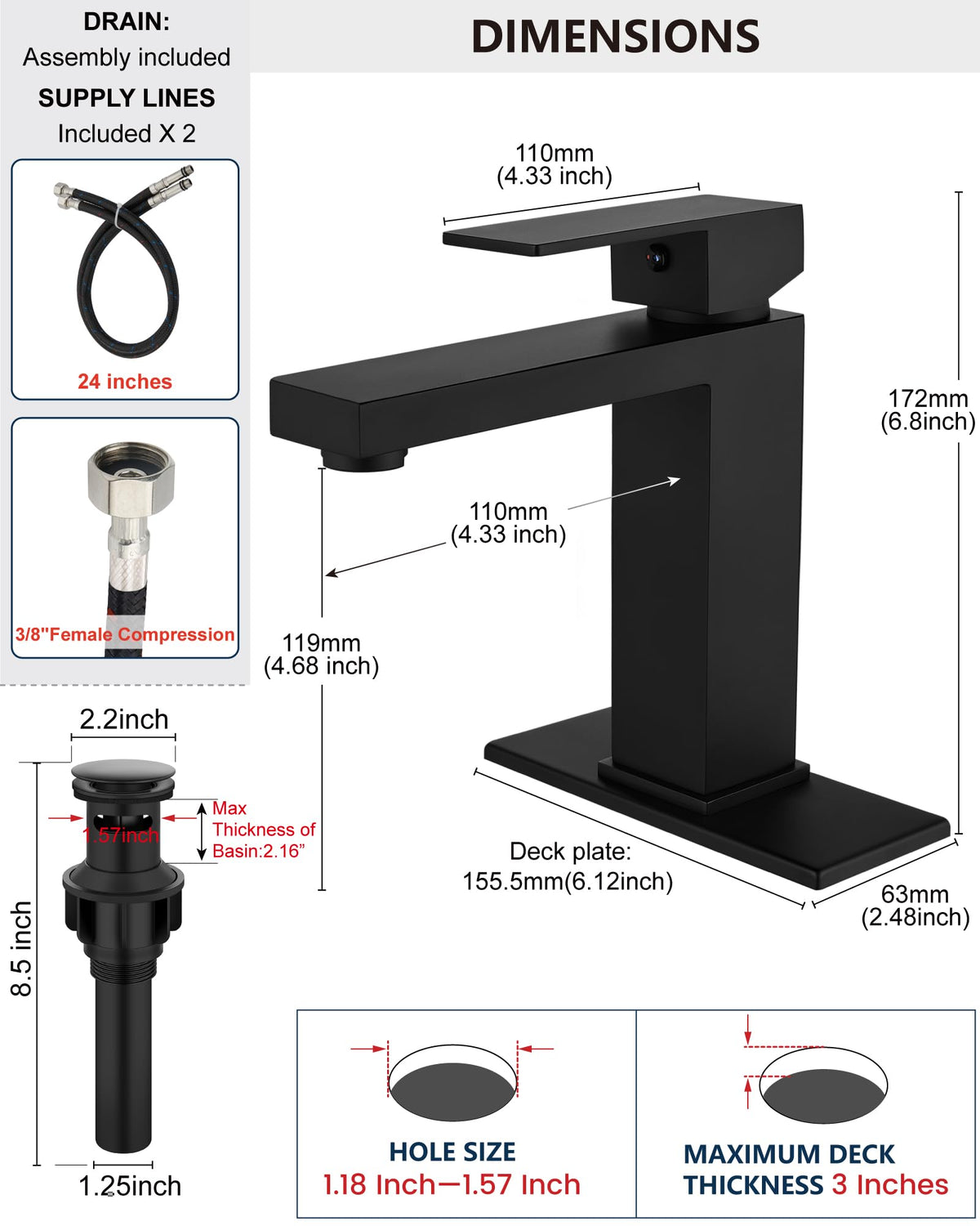 Midanya faucet with deck plate included for 3 hole sinks
