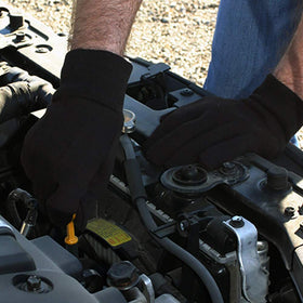 Brand Midwest Gear brown jersey gloves with straight-thumb design for easy grip.