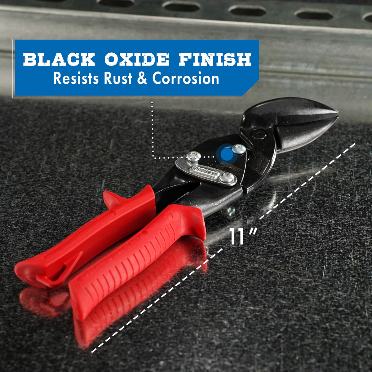 Midwest Snips Blackout right-cut offset snip for precise straight and curved cuts.