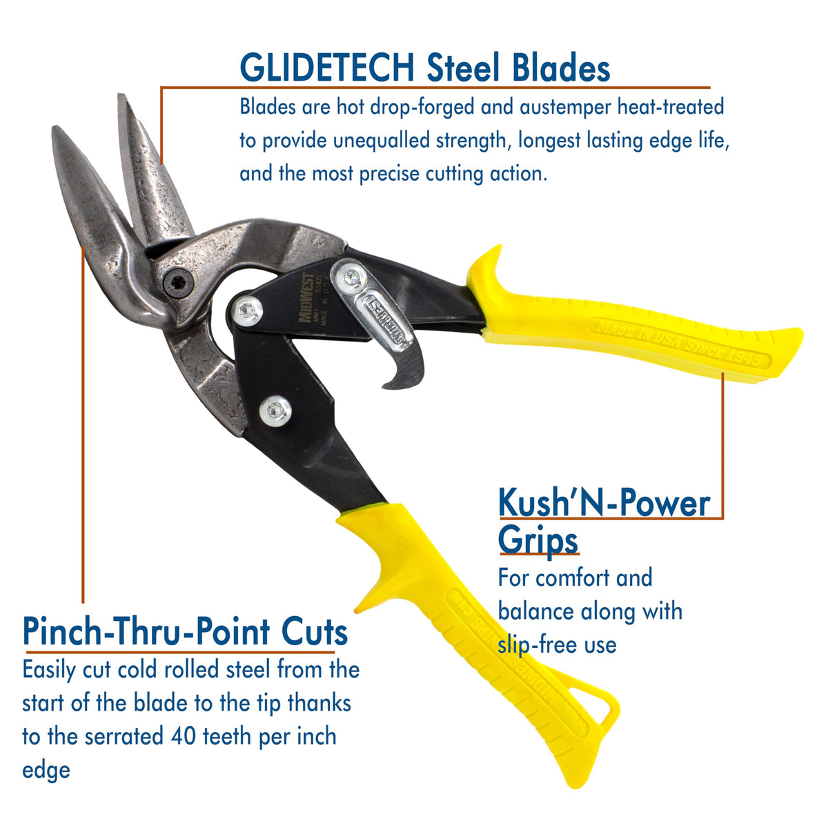 Midwest Snips Glidetech forged blades for durable, precise cutting action.