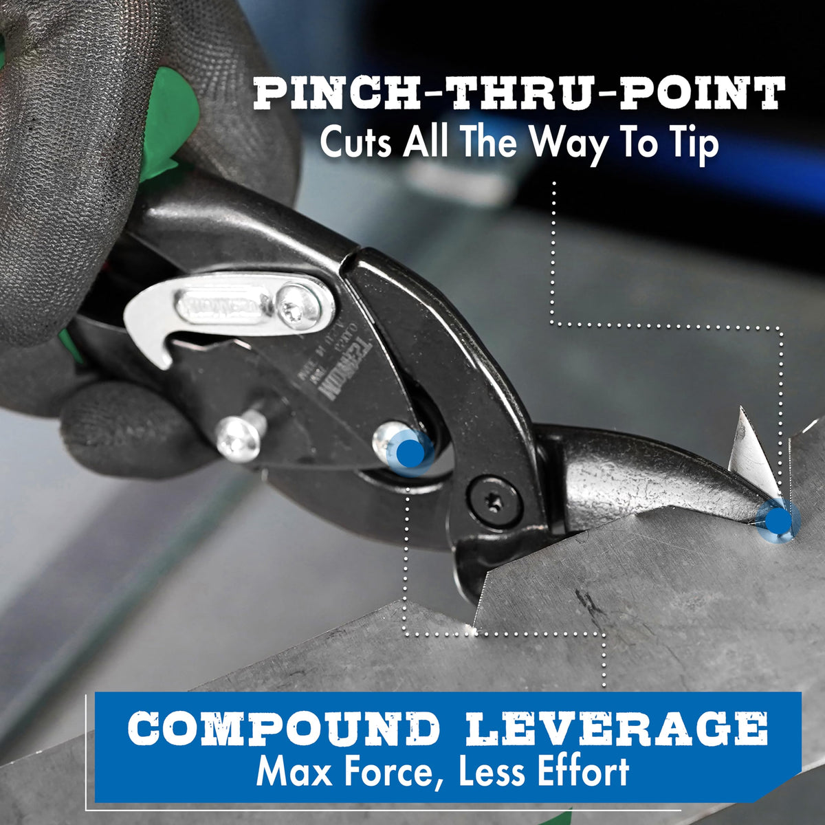 Midwest Snips Pinch-thru-point cuts deliver clean notches with less effort.