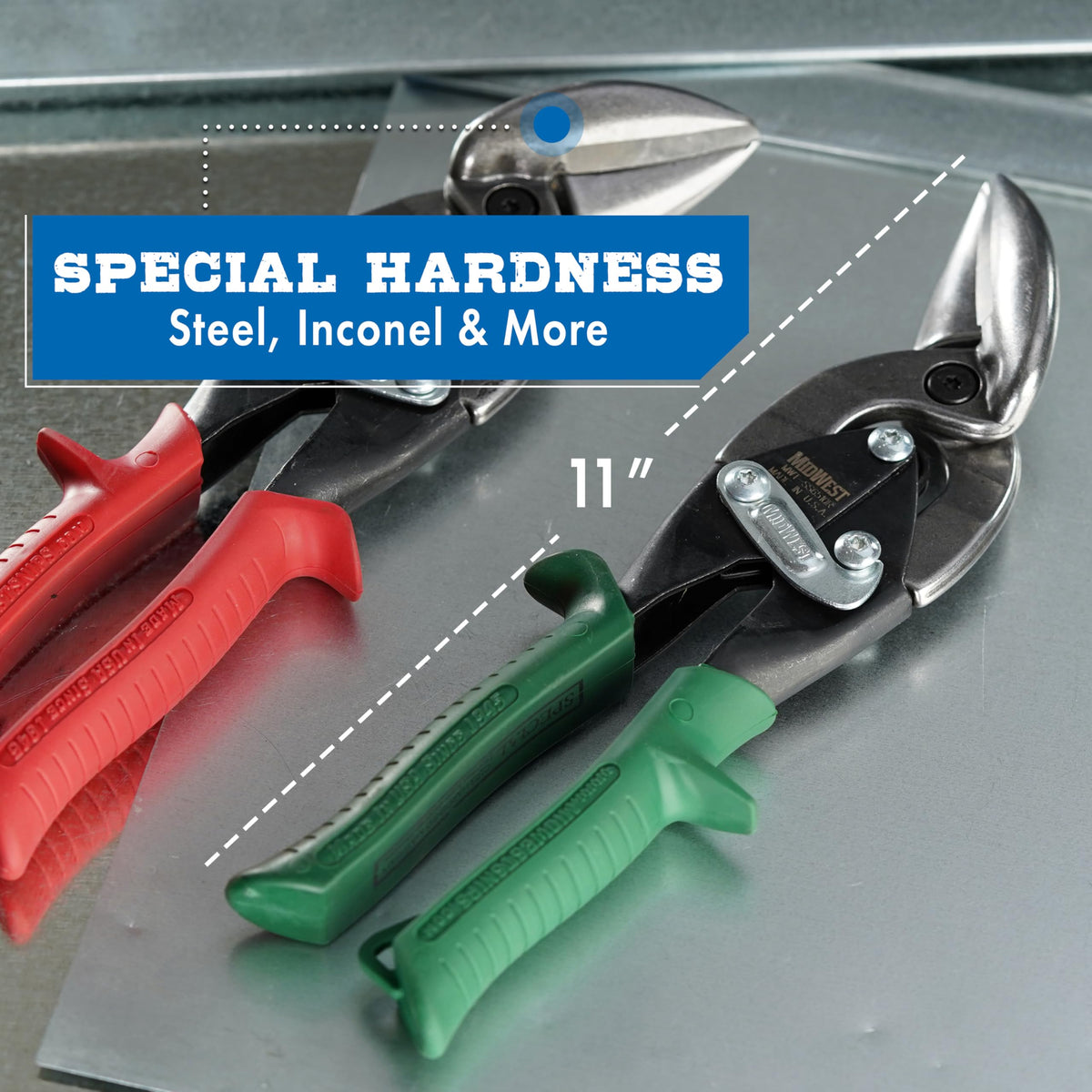 Midwest Snips right-cut offset design reduces interference during straight cuts