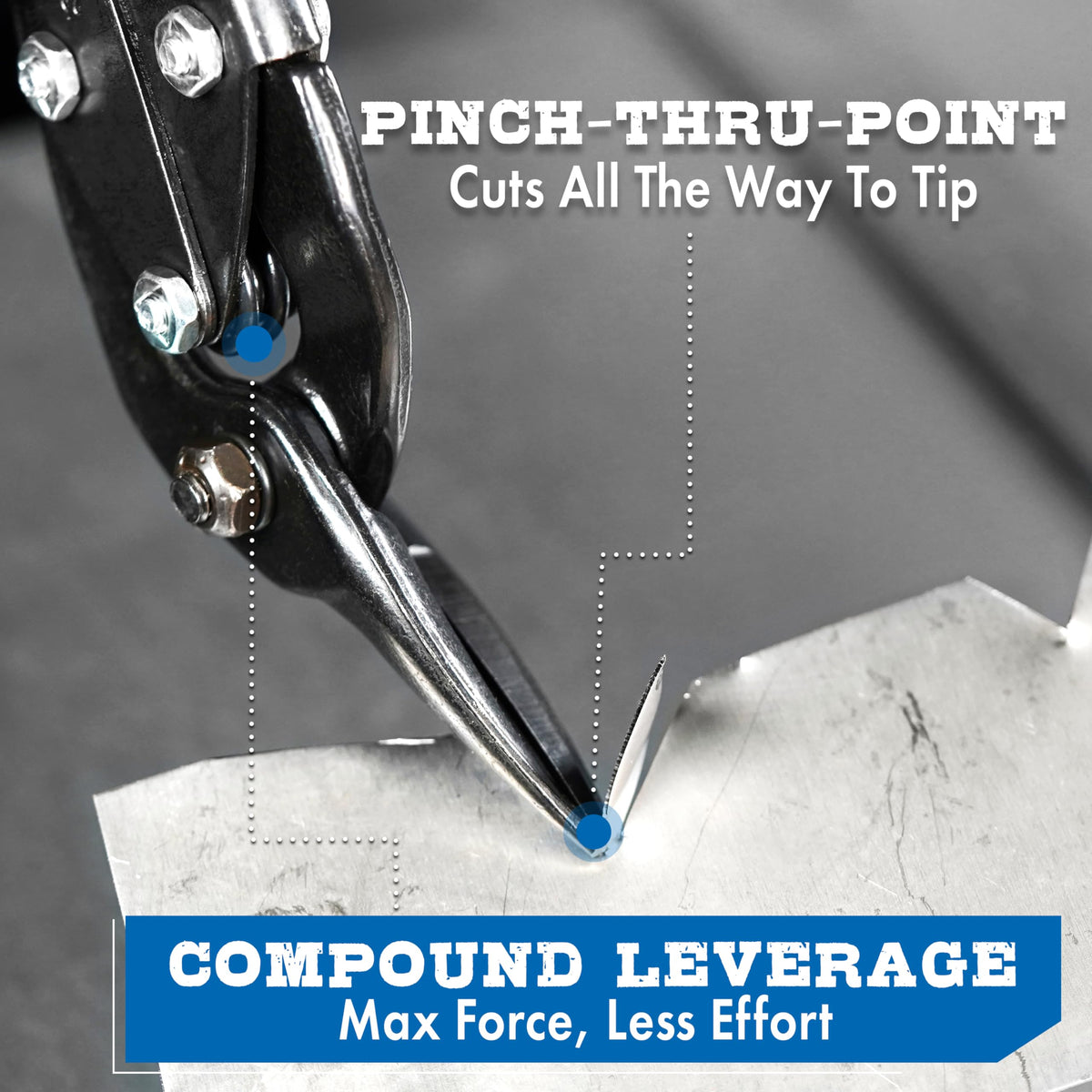 Midwest Snips wide opening design enabling edge clearance on ribbed surfaces.
